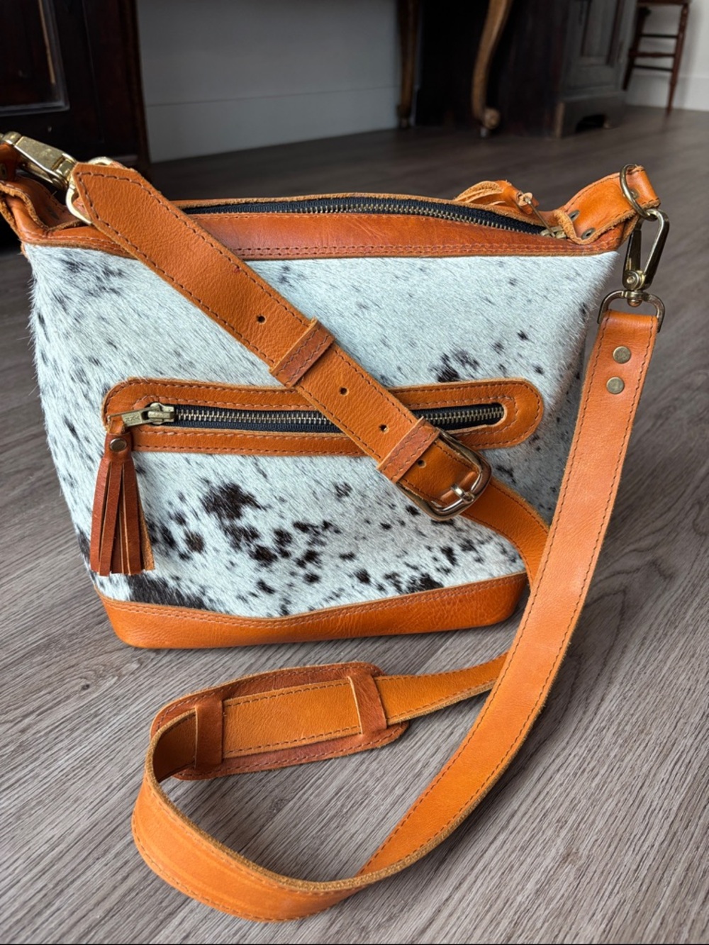Maya & Mali Western Cowhide Hair Genuine Leather Crossbody Bag Purse w/ Tassles